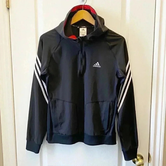Adidas  Windbreaker Running Jacket Gym Active Hood 1/4 Zip Black White Small - Picture 3 of 16